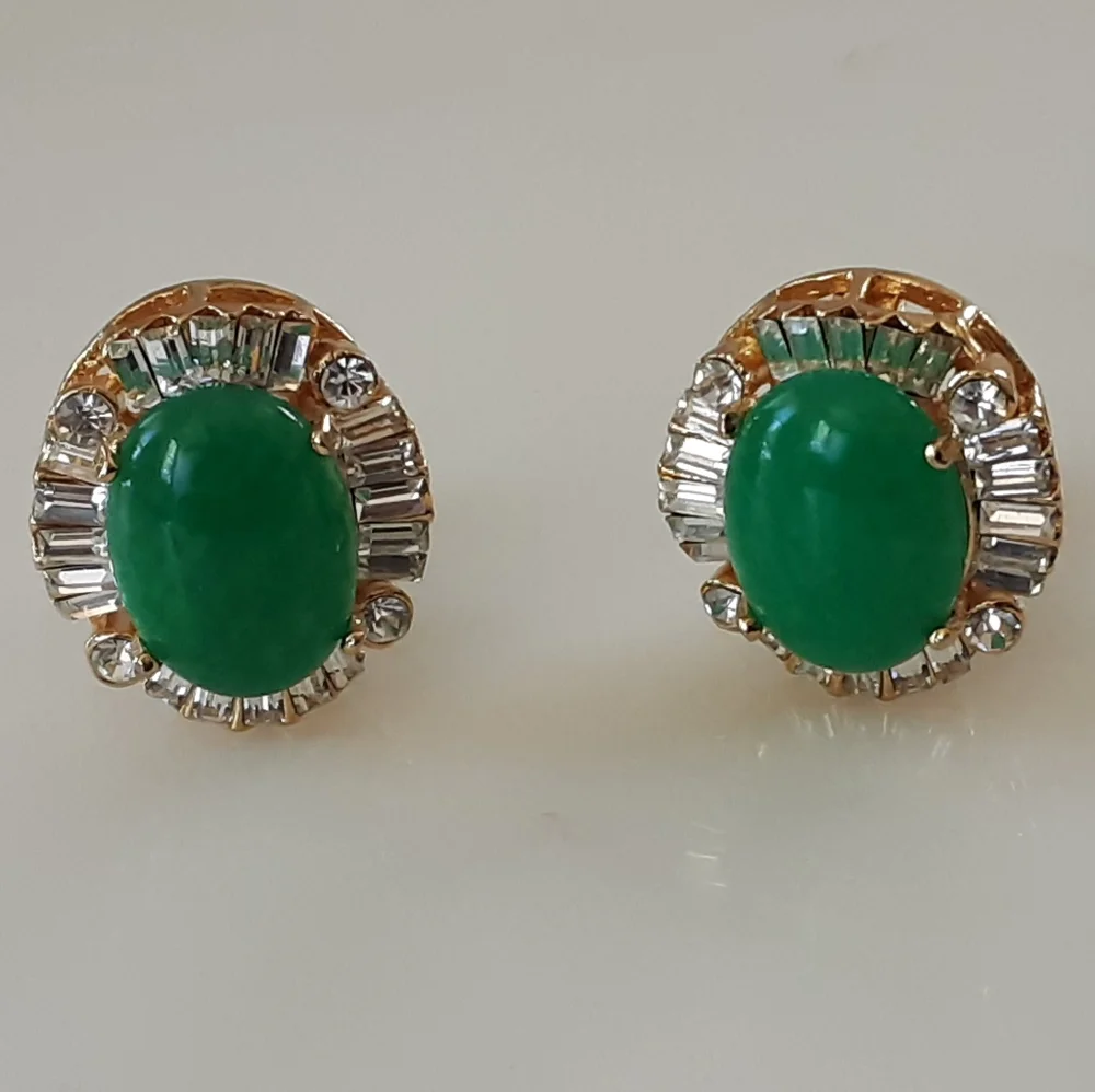 Chrysoprase Cabochon Gold Plated Baguette | Round CZ Clip On Earrings - Vtg